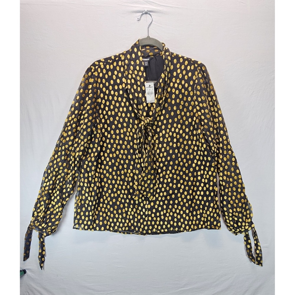 EXPRESS Blouse Black with Velvet Polka Dot Popover Sheer Tie Neck Size L NWT